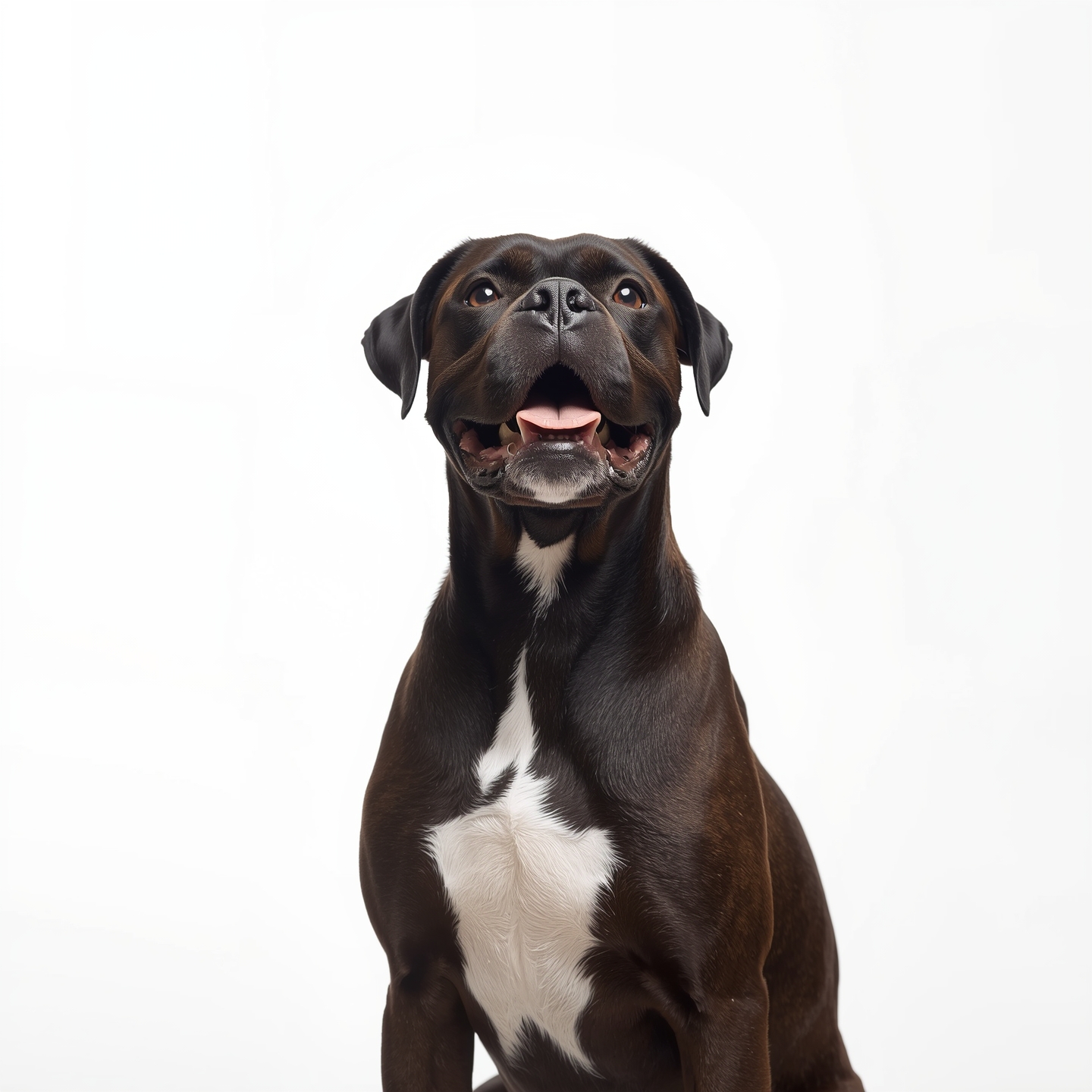 Happy black dog with white chest markings sitting against a plain white background, tongue slightly out.